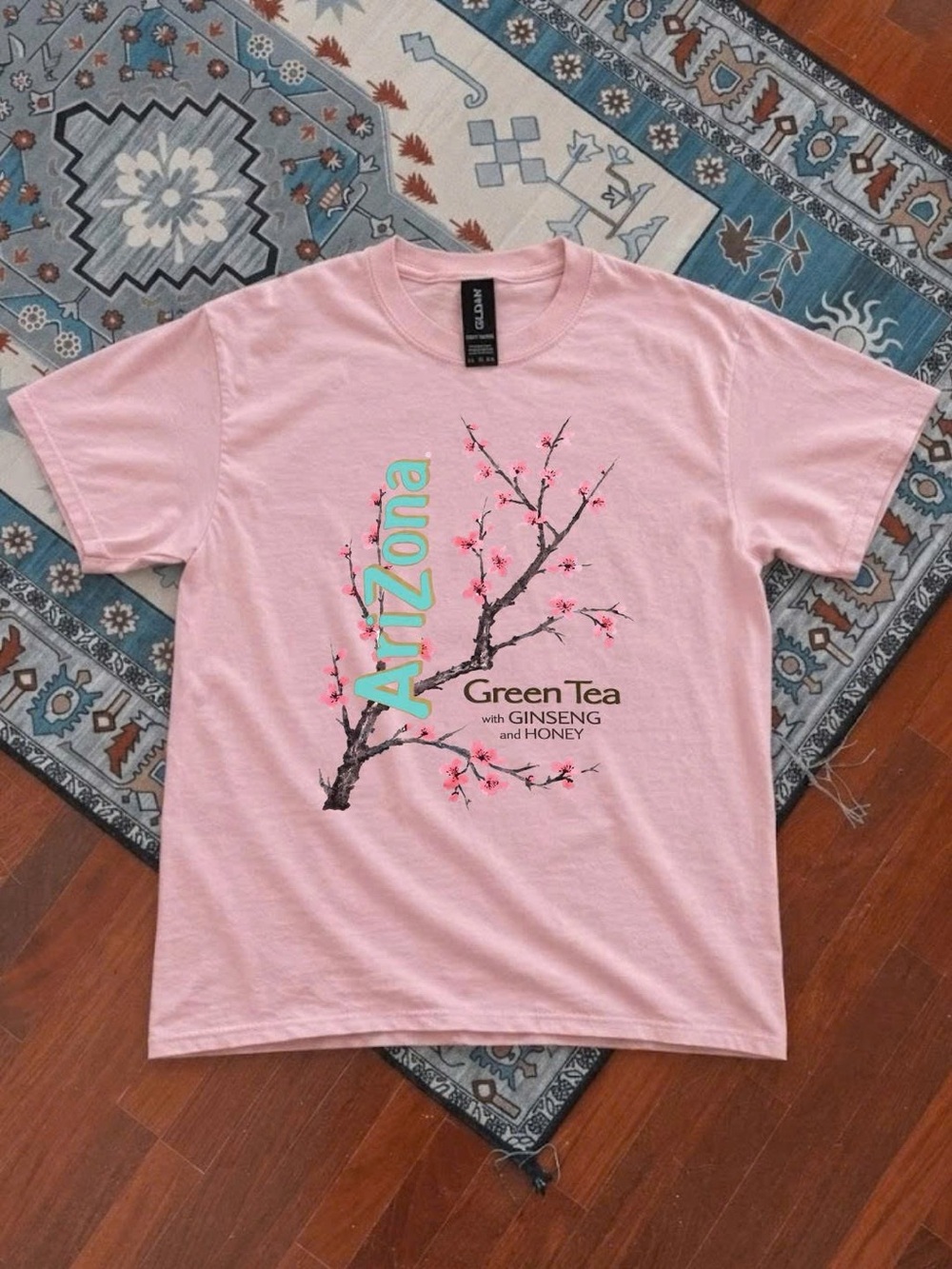 Arizona Jean Company Pink Tee with Aqua Logo & Cherry Blossom Graphic